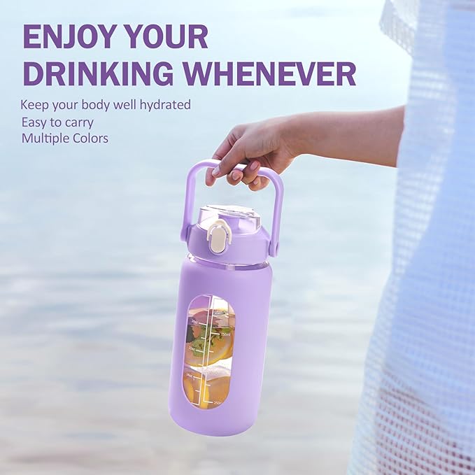 42oz Glass Water Bottles with Straw, Motivational Glass Bottle with Silicone Sleeve and Time Marker, Leakproof Large Glass Water Jug for Gym Home Office,Purple