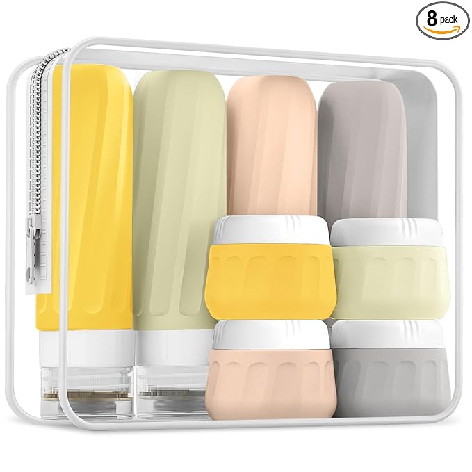 Mrsdry Travel Size Toiletries 8 Pack, TSA Approved 3oz/1oz Silicone Squeezable Creams Jars with Clear Travel Bag