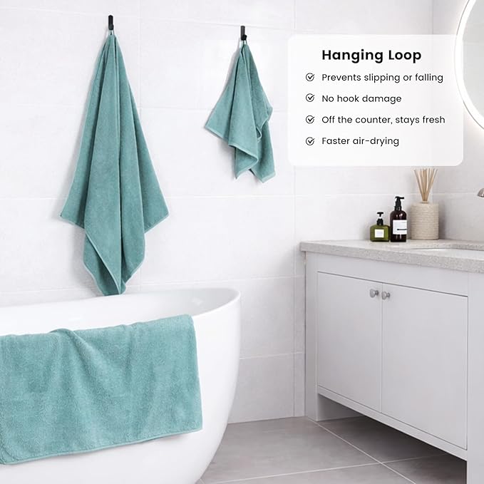 SEMAXE Bath Towel Set, 12 Piece Cotton Towel Set for Bathroom, More Towels for Family Use, Quick Dry with Hanging Loops, Easy Care, Blue