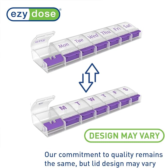 EZY DOSE Weekly (7-Day) AM/PM Daily Pill Organizer, Vitamin Case, and Medicine Container, X-Large Compartments, Arthritis Friendly, Convenient with Effortless Portability, Clear/Purple Lids, BPA Free