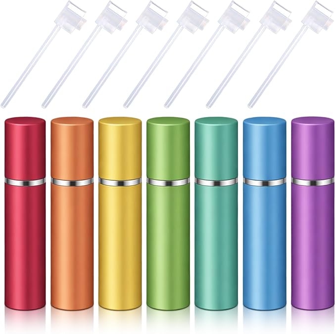 Motiskyy 7 Pcs 5ml Refillable Perfume Atomizers Bulk - Mini Travel Cologne Sprayers with Refill Pump & Transfer Tool for Perfume Makers & Small Studios (Rainbow Color)