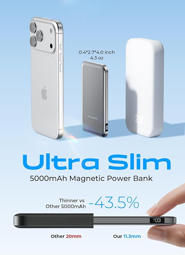 Aobbow Magnetic Portable Charger, 50% Smaller & Slimmer 5000mAh Power Bank with LED Display, 15W Fast Charging Battery Pack, Travel Essential MagSafe Compatible Charger for iPhone 17/16/15 - Gray