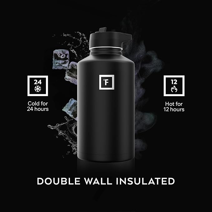 IRON °FLASK Camping & Hiking Hydration Flask with Straw, Wide Mouth Insulated Stainless Steel Sports Water Bottle - Dark Night 64 oz - Straw (1 Lid)