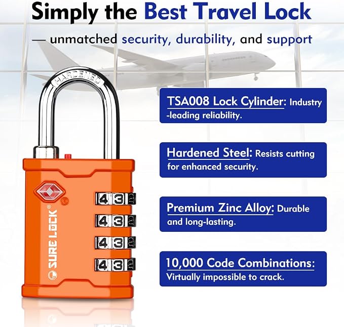 SURE LOCK TSA Approved 4 Digit Combination Lock, Heavy Duty Padlock with Red Dot Indicator for Gun Cases, Pelican Cases, Tool Boxes, Gym Lockers, Storage Units & Outdoor Gates (2, Orange)