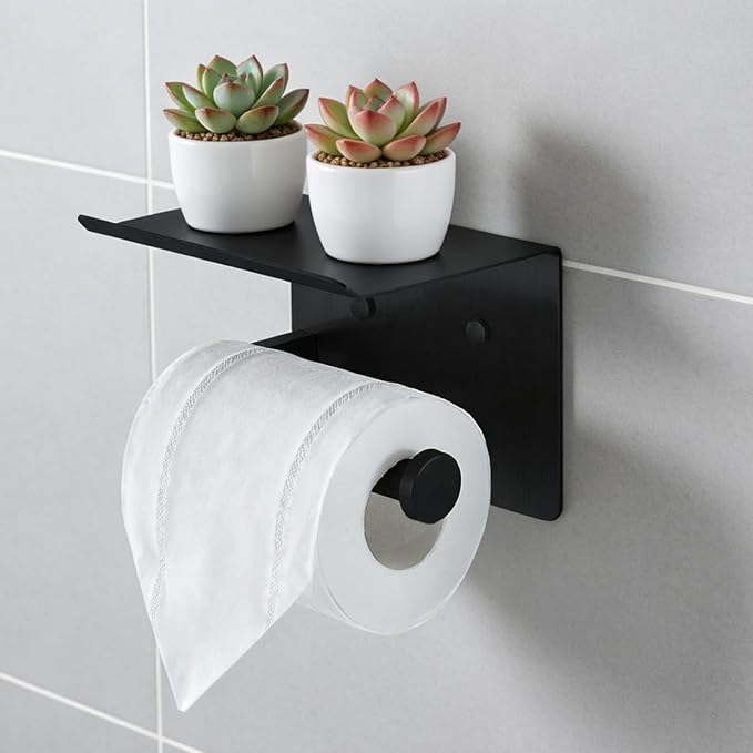 Toilet Paper Holder with Shelf, Heavy-Duty Stainless Steel Bathroom Hardware, Self-Adhesive No-Drill/Drill-Mount Wall-Mounted Roll Holder, Rust-Proof Bathroom Tissue Rack (Black)