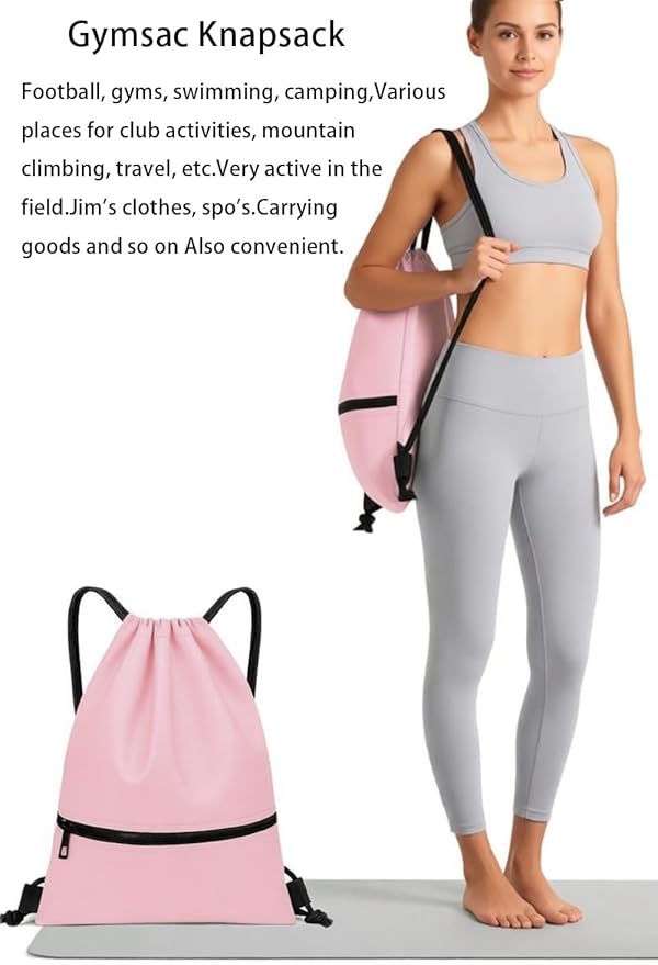 Water-Resistant String Bag for Women Men with Shoes Compartment and Zippered Pocket for Soccer, Basketball, Swim (Pink, 16.5 * 19 inches)
