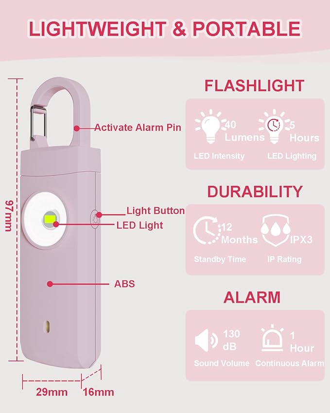 Rechargeable Personal Safety Alarm for Women, 130dB Loud Siren Birdie Sound, Strobe SOS LED Light, USB C Charging, Personal Alarm Keychain for Women