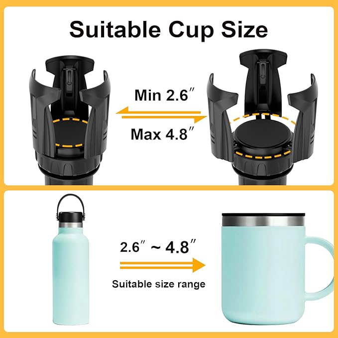 Cup Holder Expander (Adjustable Holder & Base, Auto-Fit Hold, One Button Open), Car Cup Holder Expander for Yeti, Hydro Flask, Nalgene, Owala, Bottles in 2.6"- 4.8" (Light Black, 2 Pack)