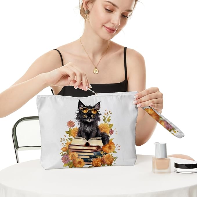 Fokongna Black Cat Print Wet Bag, Small Portable Waterproof Multi-Functional Organizer for Women，Yellow Bookish Black Cat，Ideal for Daily, Beach & Travel