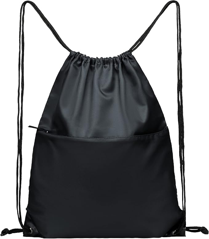 Drawstring Backpack Sports Water Resistant String Bag Sport Gym Sackpack for Women Men Large with Zipper, Black