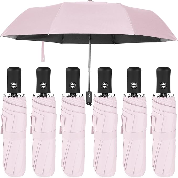 Jexine 6 Pcs Windproof Travel Umbrella for Rain Compact Small Automatic Lightweight Portable Umbrella for Men Women Backpack
