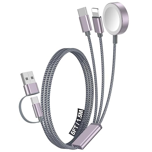 1Pack Multi Charging Cable Cord for Travel Essentials,Apple Watch Charger,iPhone Charger,[3-in-2] Type C/Lightning Cable Portable Designed for iWatch,iPhone 17-8,Galaxy S25-21,AirPods,iPad-1.5M Gray