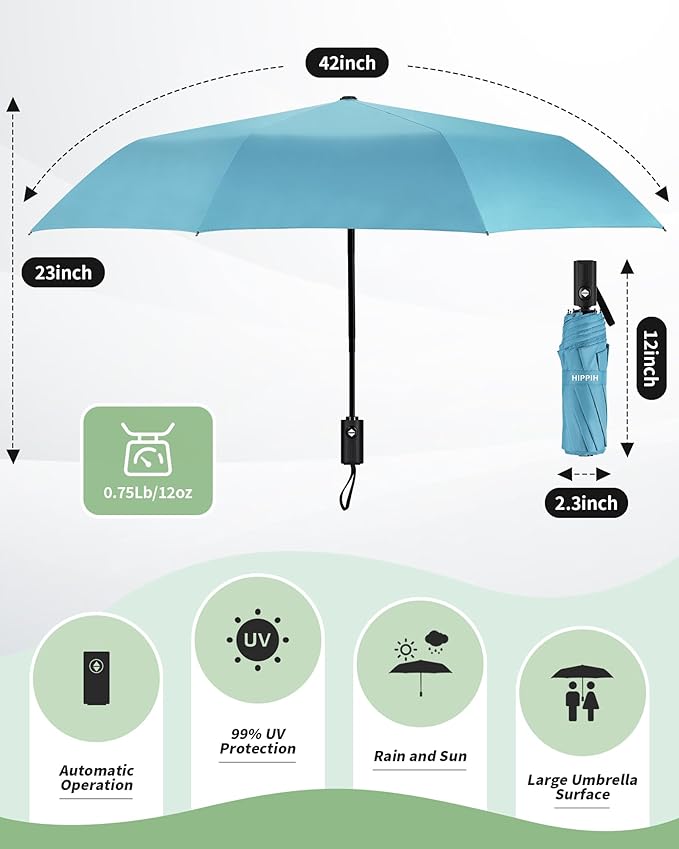 HIPPIH Compact Travel Umbrella for Rain - Windproof Automatic Umbrellas, UV Umbrella for Sun Protection with Black Anti-UV Coating, Portable Small Umbrellas for Backpack, Car, Walking, Kids, Women
