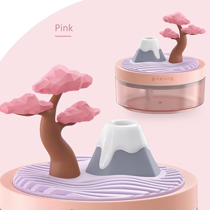 PRATIQUE Mini Portable Desktop Humidifiers for Bedroom,Small Humidifier with Cherry Tree,Quiet,Cool Mist, Auto Off,7 Colors Night Light,320ml Air Humidifier Home Office Travel(PINK) (PINK)