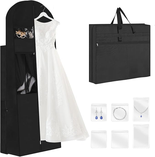 Wedding Dress Garment Bag,72’ Tri-Fold Bridal Gown Bag with 6 Pouches and Adjustable Buckle Gown Cover for Wedding/Prom/Travel/Closet Storage (Black)