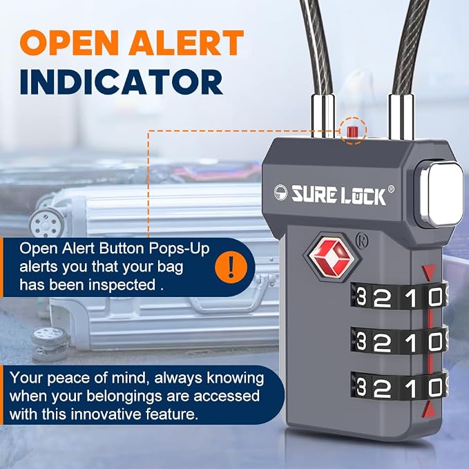 SURE LOCK TSA Approved Luggage Locks with Open Alert Indicator, 3 Digit Combination Cable Travel Lock for Suitcase, Backpack, Gym Locker, Toolbox, Carry On & Travel Bag