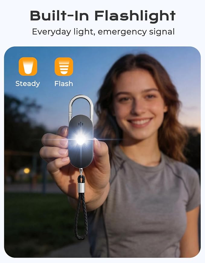 ISEYOU Personal Safety Alarm, 130dB Double Speakers Personal Alarms for Women, Strobe Light and Low Battery Notice, Rechargeable Self Defense Keychain for Seniors College Girls Gift