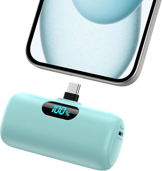 Mini Portable Charger USB C Power Bank,5000mAh PD Fast Charging Battery Pack Built-in USB-C Connector Travel Essential for iPhone17/17Pro/17Pro Max/Air/16 Plus/16Pro Max/15 Series,Android Green