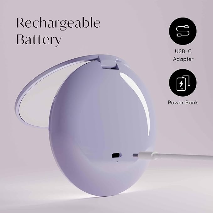 Fancii Mini Taylor Compact Magnifying Mirror with LED Light, 10x/1x, Rechargeable, 3 Light Settings, Dimmable - Small Lighted Travel Handheld Mirror for Pocket, Handbag, Purse, 2-Sided (Lilac Bliss)