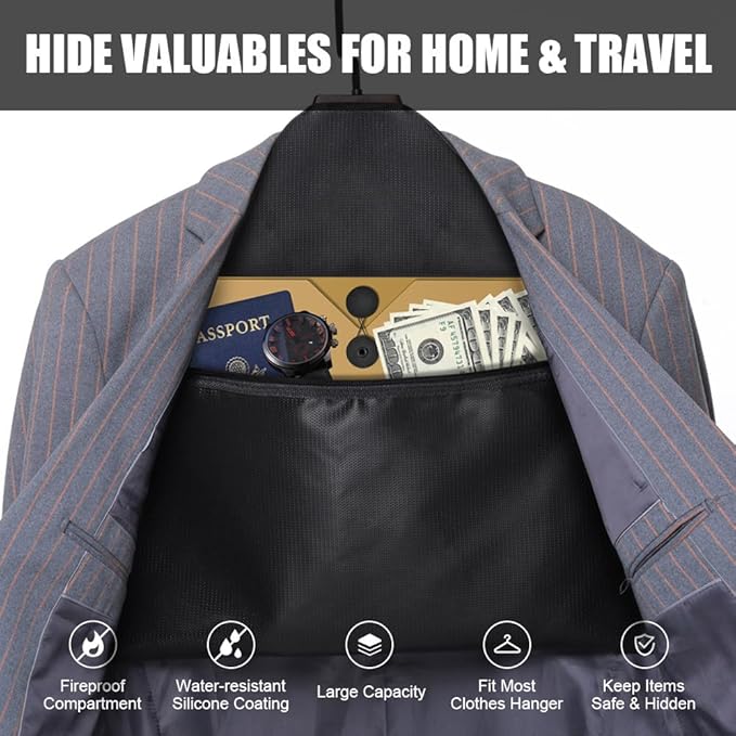ROLOWAY Hanger Diversion Fireproof Safe, Hidden Compartment for Home & Travel, Secret Safe for Cash Hiding Under Clothes with Small Fireproof Bag