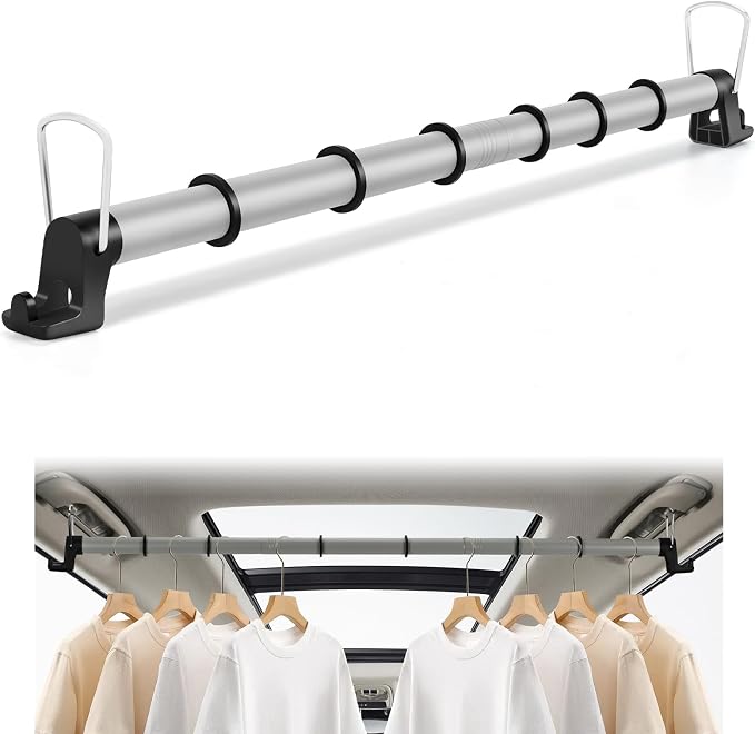 Car Clothes Hanger Bar Heavy-Duty Wrinkle Free Clothes Rack for Car Adjustable 30-64 Inches Automotive Travel Hangers for SUVs, Vans, Trucks, RVs (Gray)
