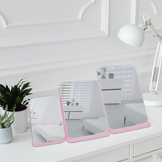 Makeup Mirror, 6x8 Inches Portable PU Leather Mirror, Folding Desktop Vanity Mirror with Adjustable Stand for Vanity Table, Office, Travel (M, Pink)