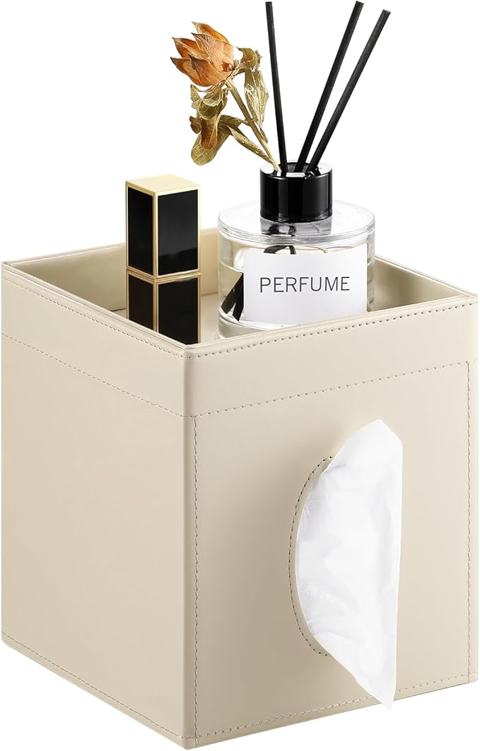 Luxspire Square Tissue Box Cover, PU Leather Square Tissue Box Cover with Storage Tray, Tissue Box Holder, Tissues Cube Boxes Cover for Living Room, Bedroom Countertop Cars Hotels, Khaki