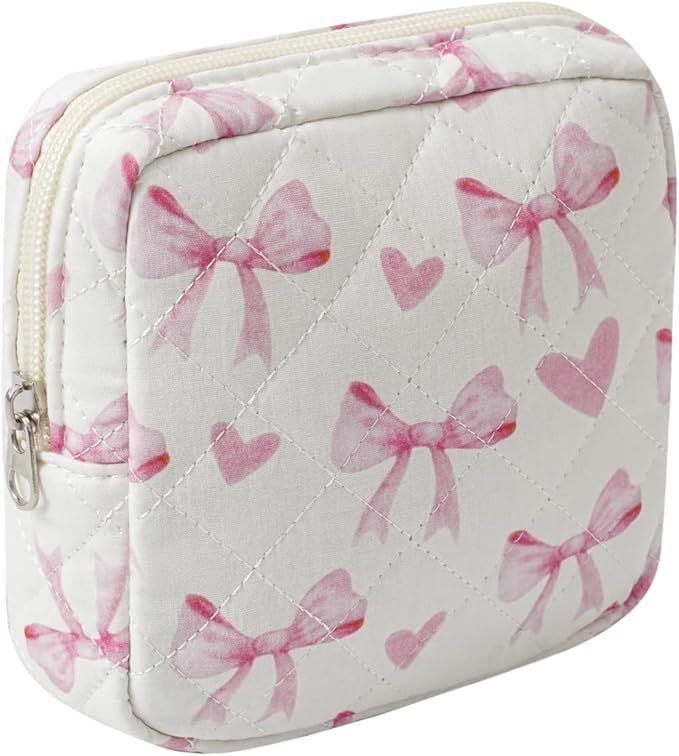 RSRSLEII Small Quilted Cosmetic Pouch for Purse, Mini Cotton Makeup Bag with Compartments, Cute Zipper Lipstick Holder for Women (02Heart Bow)