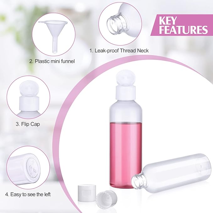 50 Pcs 3.4 oz Travel Bottles for Toiletries TSA Approved Leakproof Plastic Empty 100 ml Travel Size Bottles Bulk Refillable Squeeze Clear Container for Cosmetic Shampoo Liquids(Clear, White)