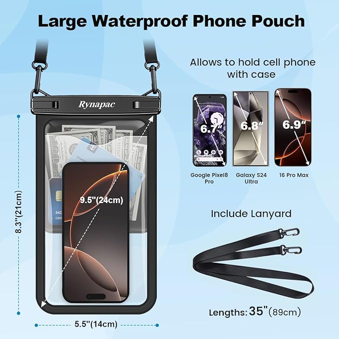 Rynapac Large Waterproof Phone Pouch [Up to 10"] - 2 Pack IPX8 Waterproof Phone Case for iPhone 17 16 15 Pro Max Galaxy S26 Ultra, Touchscreen & Underwater Photography, Beach Cruise Essentials 2026