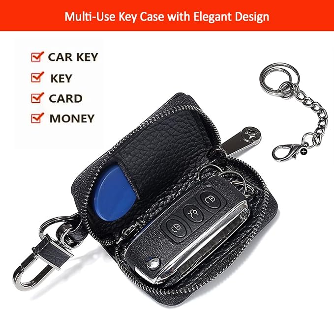 Leather Car Key Case with Zipper, Compact Smart Key Fob Holder with Keychain, Portable Car Key Organizer Pouch
