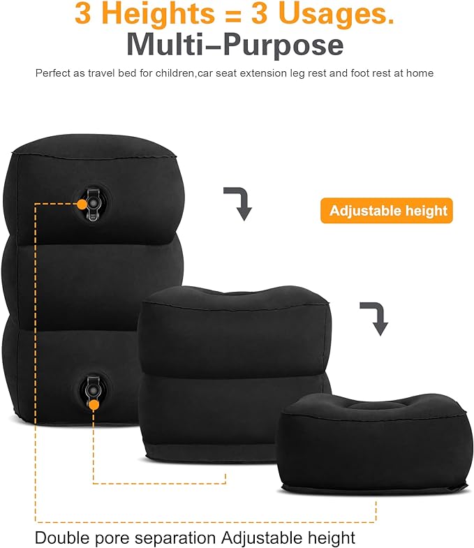 Sunany Inflatable Foot Rest Pillow for Travel, Kids/Adults Airplane Travel Pillow-Adjustable Height for Kids to Sleep While Traveling,Suitable for Airplane, Cars, Office, Home and Any Travel (Black)