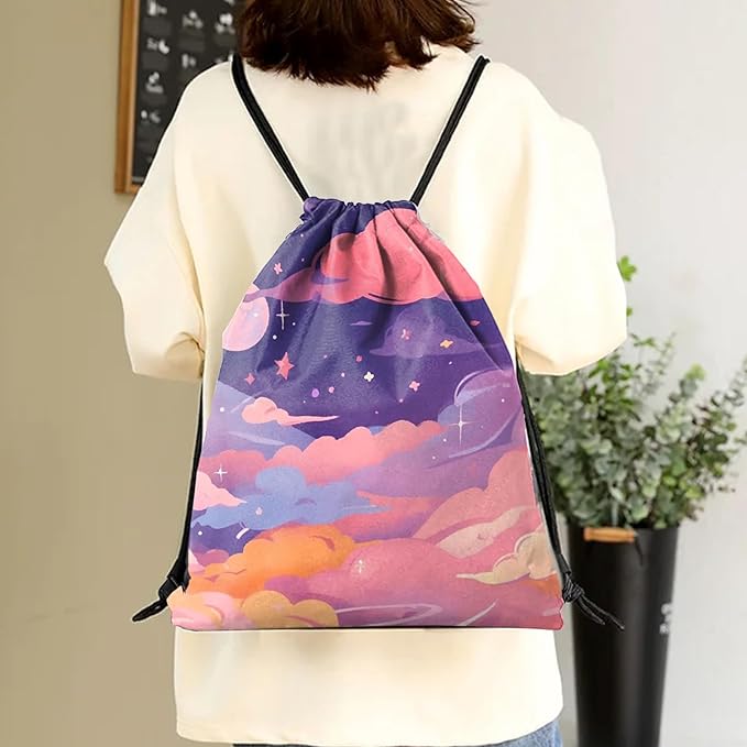 Drawstring Backpack Draw String Sports Bags for Gym Travel Beach Waterproof Cute Sackpack Men Women Aesthetic (13"×17")-Pink Cloud
