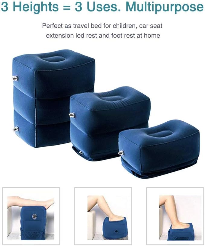 Travel Foot Rest Pillow, Portable Inflatable with Double Hand Pump Adjustable Three Layers Height Pillow for Foot Rest on Airplanes,Cars,Buses,Trains,Office Kids to Sleep on Long Flights (Blue 2)