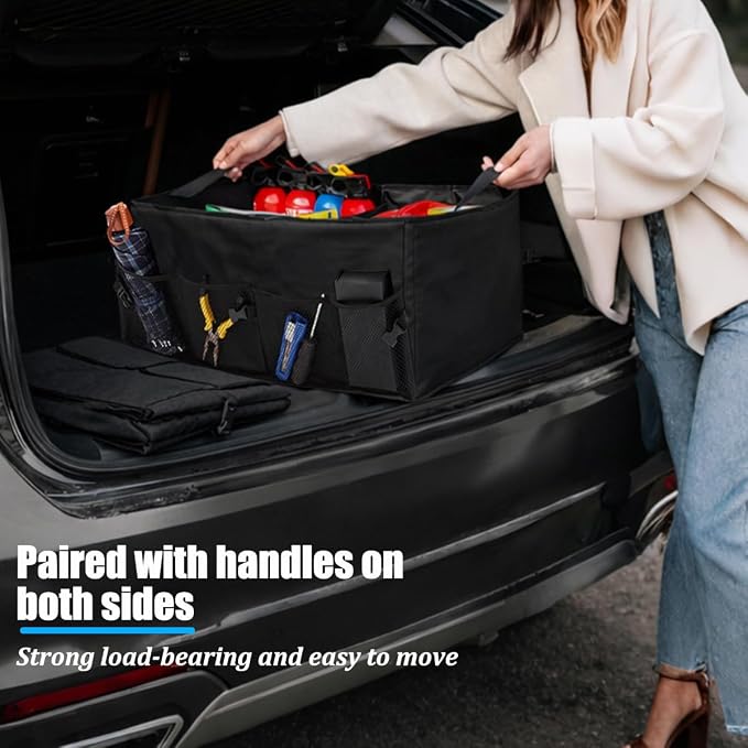 Car Trunk Organizer, Collapsible Waterproof Automotive Storage Cargo Organizer, Multi Compartment Portable Vehicle Container Box Accessories, Universal for Truck SUV Minivan (Black)