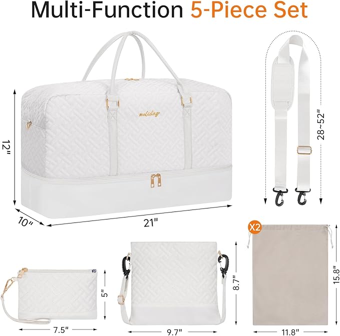Weekender Bag for Women, 5 Pcs Set Carry on Overnight Bag, 21" Travel Duffel Bag with Waterproof Shoe Compartment for Weekend Travel Business Trip