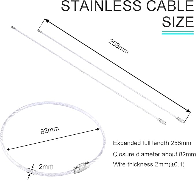 CooBigo 20Pack 10" Large Wire Key Chain Rings Big Cable Keychain 2mm Stainless Steel Wire Luggage Tag Loops Car Keyrings Women Bracelets Beads (Silver, Metal)