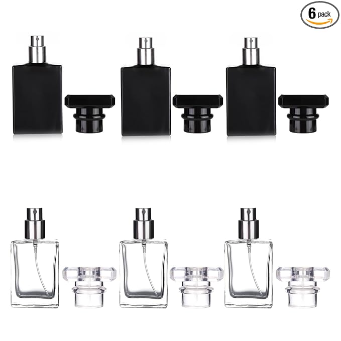 6 Pack 30ml / 1 Oz Clear Black Refillable Perfume Bottle, Portable Square Empty Glass Perfume Atomizer Bottle Spray Applicator with 4 kinds of perfume dispenser(3 Pack clear 3 Pack Black Assorted
