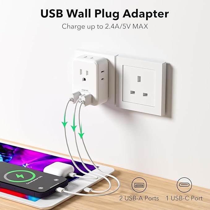 BN-LINK 2 Pack US to UK Plug Adapter, Type G Power Adapter with 4 Outlet 3 USB Charger, International Plug Adapter, USA to Ireland Dubai England British London Hong Kong Singapore Travel Essentials