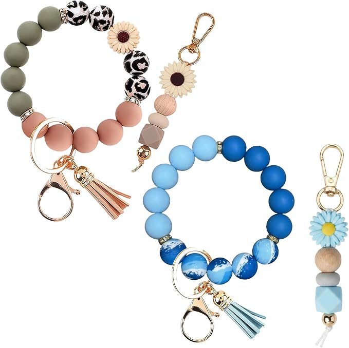 2PCS Bracelet Key Ring Set, Cute Car Key chain Wristlet, Silicone Beaded Bangle keyChains for Women Girls