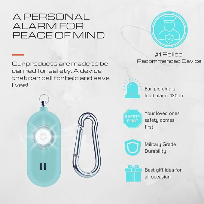 Rechargeable Personal Safety Alarm for Women. 130dB Siren. Ear-Piercingly Loud w/ Flashing LED Strobe Light Siren Keychain (Aqua)