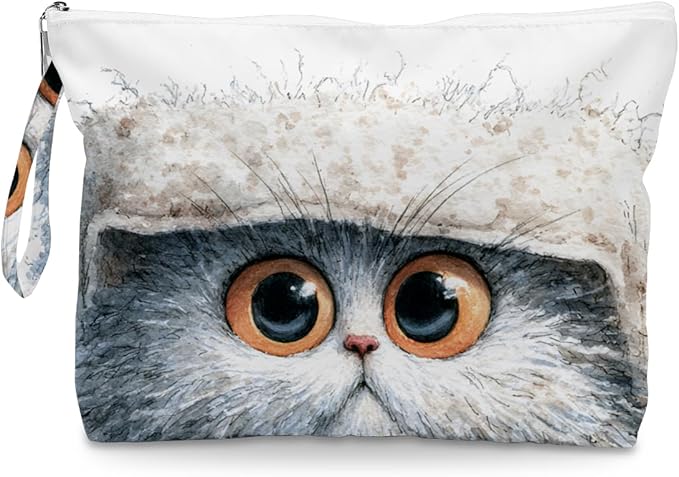 Fokongna Cute Print Wet Bag, Small Portable Waterproof Multi-Functional Organizer for Women, White Fluff Grey Eyed Cat, Ideal for Daily, Beach & Travel