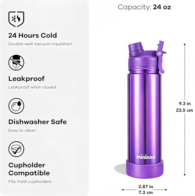 mininoo 24 oz Insulated Water Bottle with 2-in-1 Straw & Spout Lid, BPA-Free & Leak-Proof, Stainless Steel Water Bottle for Sports, Travel, and School, Violet Pulse