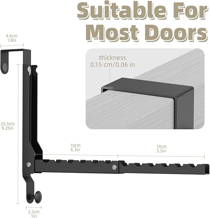 BAKON 2 Pack Heavy Duty Over the Door Hooks, Compact 10 Ridges Double Folding Over the Door Clothes Hanger, Space Saving Over the Door Drying Rack for Laundry Bedroom, Rustproof & Waterproof(Black)