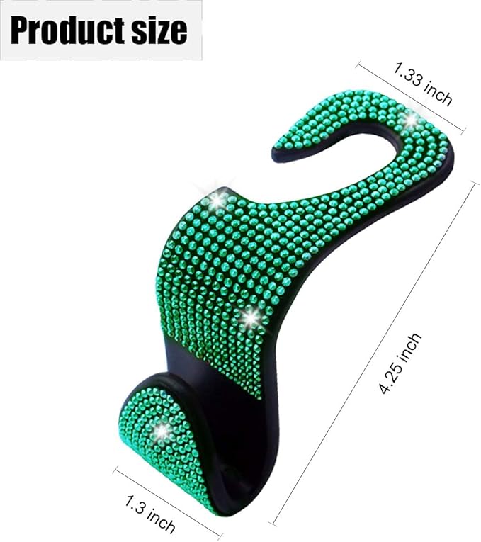 LAINLOY 4PCS Bling Car Headrest Hook, Crystal Rhinestone Back Seat Purse Holder, Car Seat Hanger Storage for Bag, Grocery, Handbag, Universal Interior Accessories for SUV Car Truck (Green)