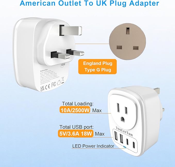 Type G Adapter for Travel US to UK Plug Adapter Outlet Converter with Multi USB Port, Electrical Outlet Power Adapter for Ireland Scotland Dubai England Hongkong Travel Cruise Essential
