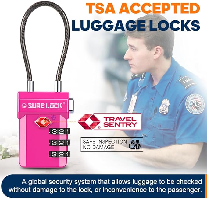 SURE LOCK TSA Approved Luggage Locks with Open Alert Indicator, 3 Digit Combination Cable Travel Lock for Suitcase, Backpack, Gym Locker, Toolbox, Carry On & Travel Bag