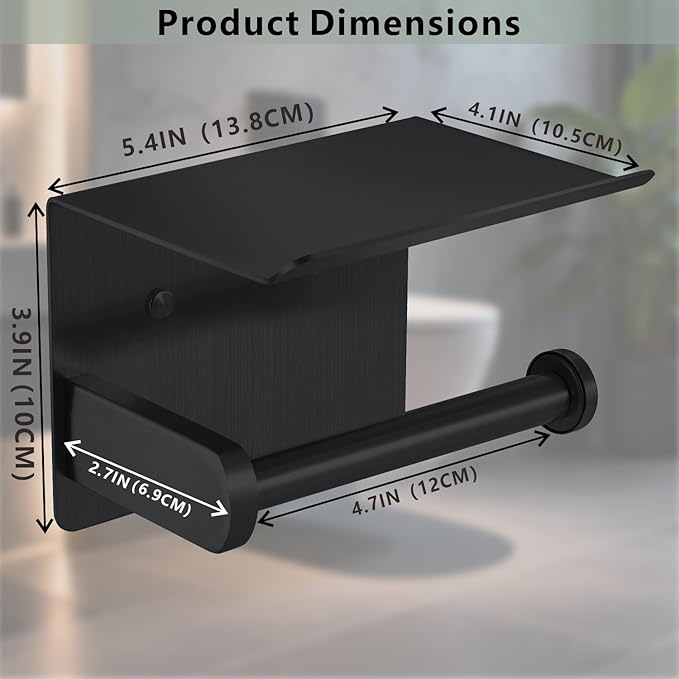 Toilet Paper Holder with Shelf, Heavy-Duty Stainless Steel Bathroom Hardware, Self-Adhesive No-Drill/Drill-Mount Wall-Mounted Roll Holder, Rust-Proof Bathroom Tissue Rack (Black)