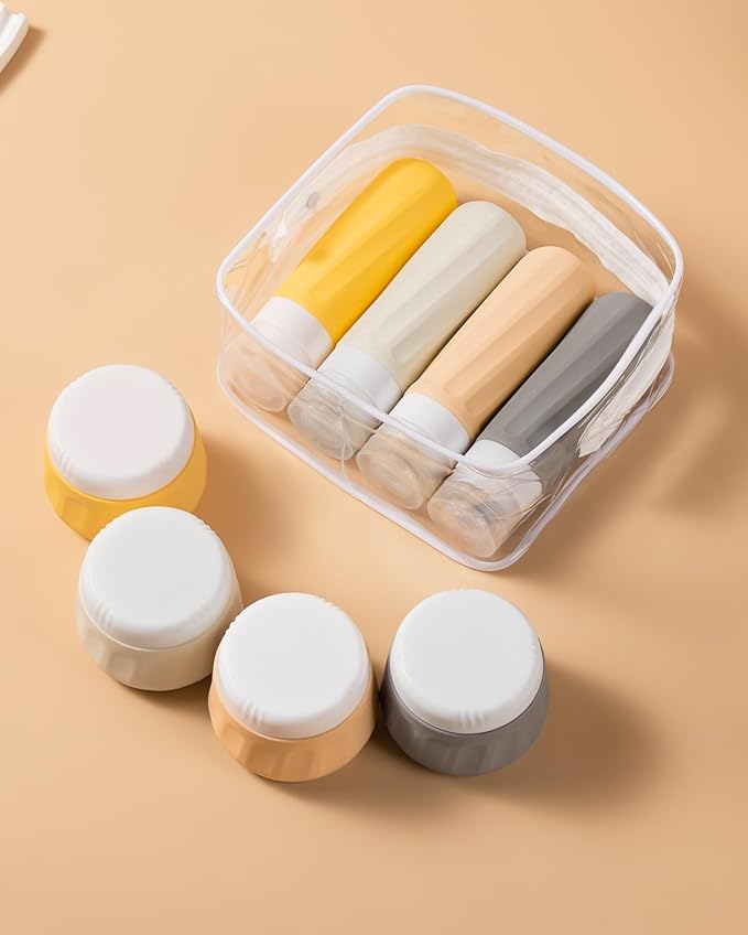 Mrsdry Travel Size Toiletries 8 Pack, TSA Approved 3oz Silicone Squeeze Bottles & Cream Jars with Clear Travel Bag