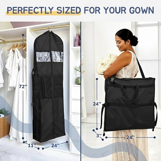 Wedding Dress Garment Bag 72" – Waterproof Trifold Travel Garment Bag for Bridal Gown with Shoulder Strap, Suitcase Sleeve & Accessory Pockets – Fits Full Skirts, Oxford Fabric, Carry Handle